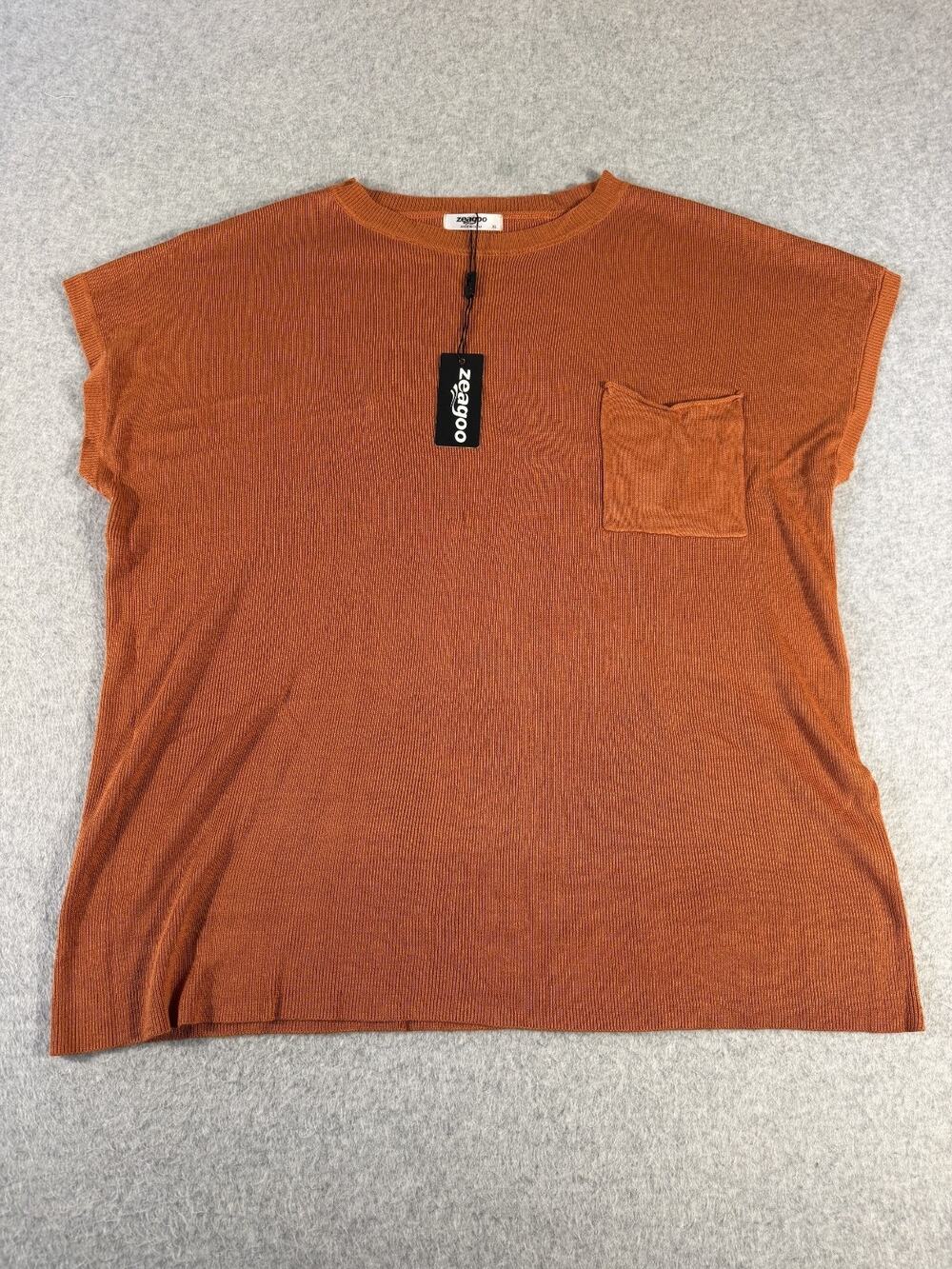 XL Womens Short Sleeve Top Zeagoo Shirt Viscose Drapy Sweater Rust Orange Pocket
